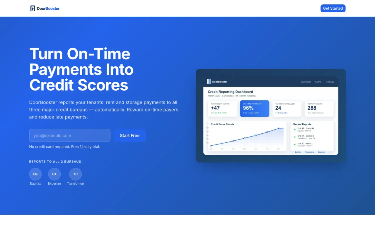 Screenshot of the DoorBooster homepage showing the headline 'Turn On-Time Payments Into Credit Scores', an email sign-up field, and a credit reporting dashboard with a score trend chart.